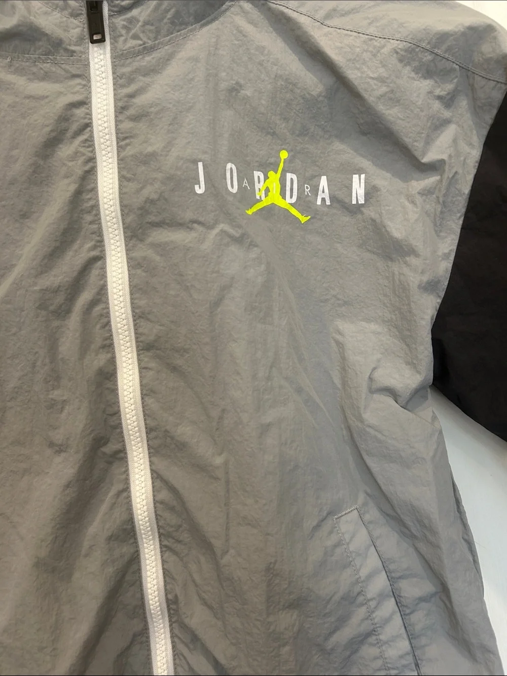 Jordan Gray and Black Hooded Windbreaker with Neon Accent